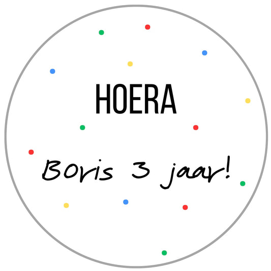 Sticker hoera met naam - confetti
